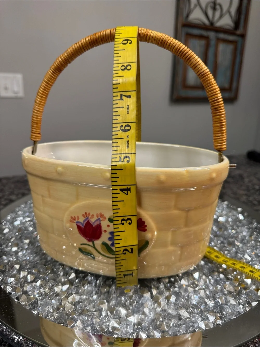 Pfaltzgraff vintage Ceramic Basket Planter with Floral Motif and Woven Handle